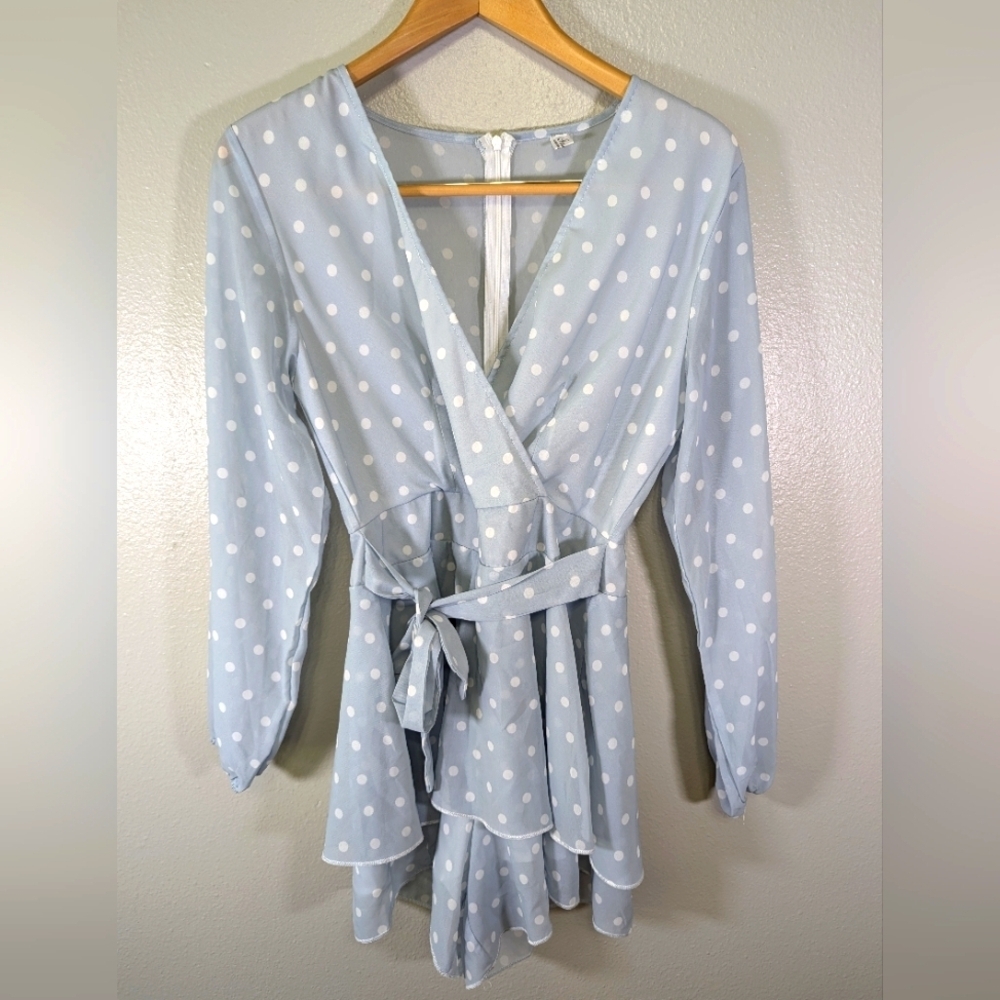Classic Fashion light blue with white polka dots romper size small